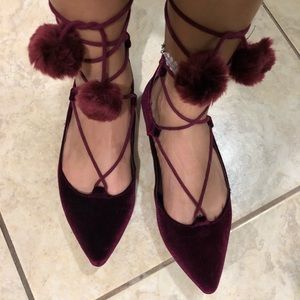 Velvet maroon flats with pom poms